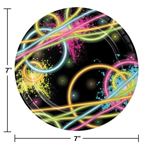 7-inch round party plate with black background and neon glow streaks in pink, yellow, blue, and green.