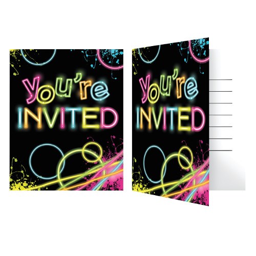 Black party invitations with colorful neon-style text saying "You're Invited" surrounded by bright glow stick designs.