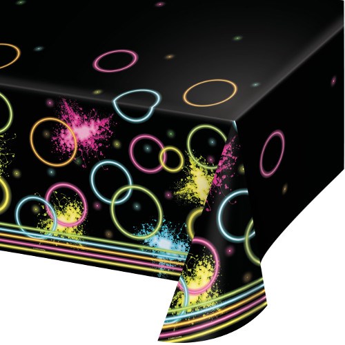 Black rectangular tablecover with neon glow circles and colorful paint splatter designs.