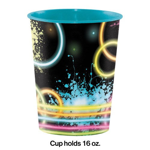 16oz plastic cup with black background featuring glowing neon rings and colorful paint splatters, turquoise interior.