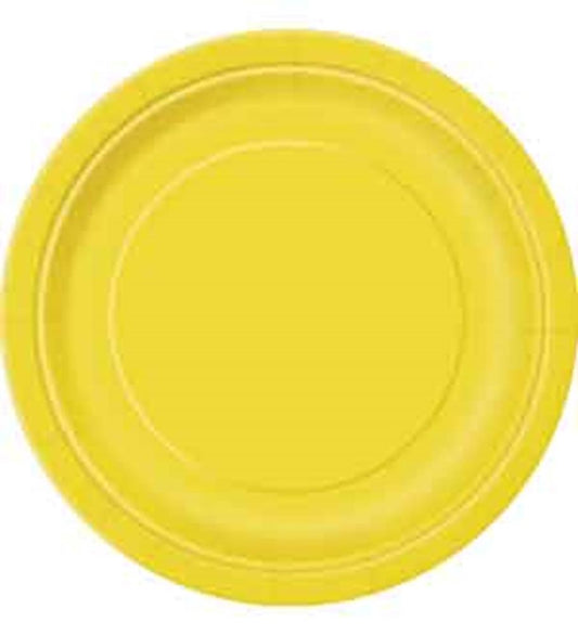 Bright yellow large paper plate with a smooth, slightly raised rim.