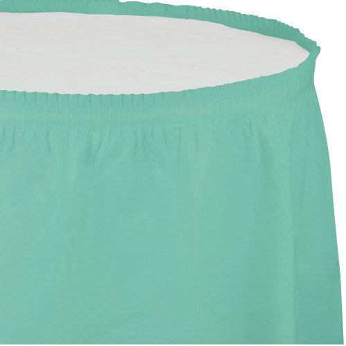 Fresh mint-colored fabric table skirt with gathered pleats and elastic top band for 14ft tables.
