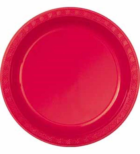 Ruby red round plastic plate with decorative embossed rim, small size.