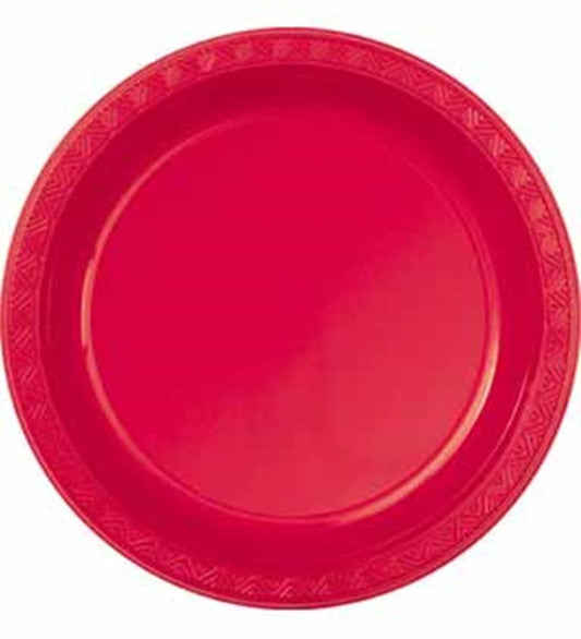 Set of large ruby red plastic plates with a subtle textured border design.