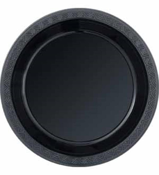 Round black plastic plate with textured rim detail, small size.