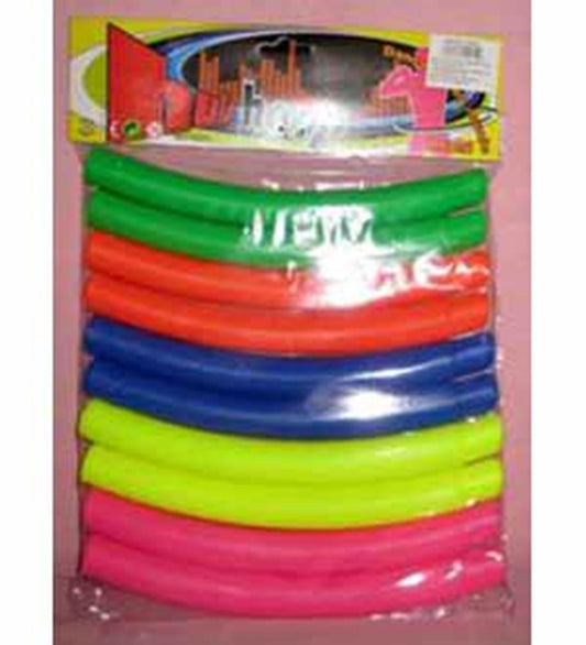 Set of colorful segmented plastic hula hoop tubes in green, orange, blue, yellow, and pink colors in packaging.