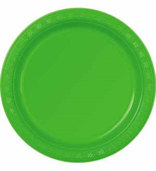 Bright lime green round plastic plate with a slightly raised patterned rim.