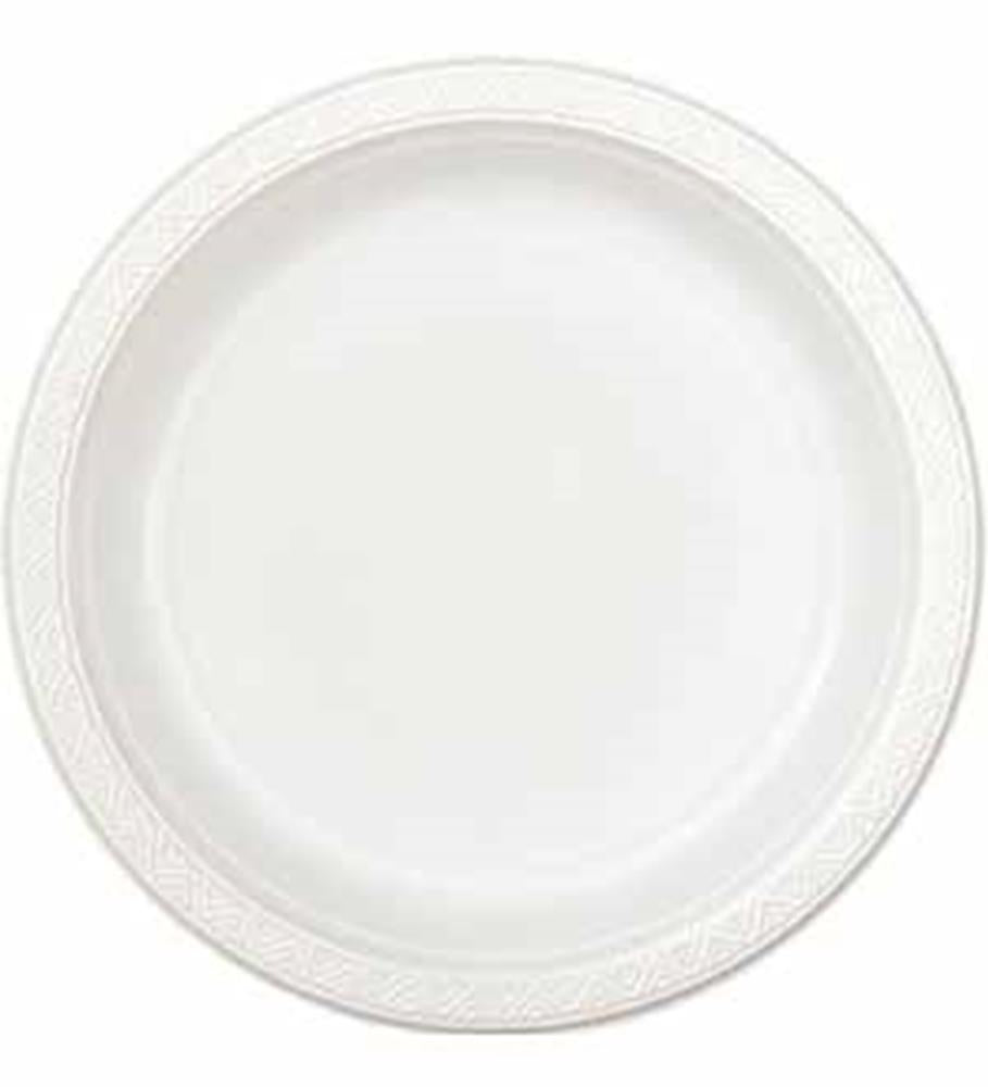 Bright white round plastic plate with a textured rim, small size for serving.