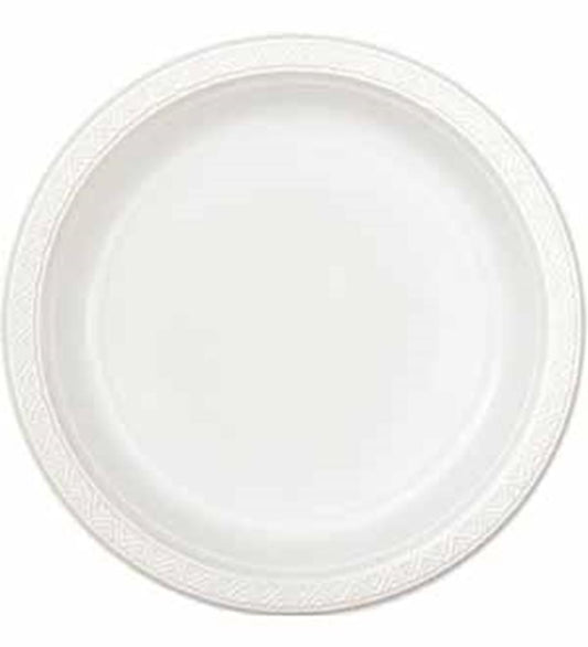 Bright white round plastic plate with a textured rim, small size for serving.