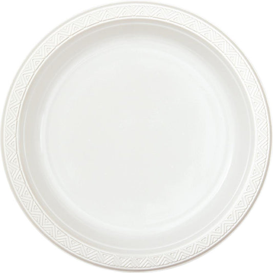 Round bright white plastic plate with a subtle textured geometric border design.