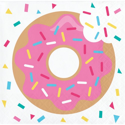 Square white napkin with a pink frosted donut and colorful sprinkles design.