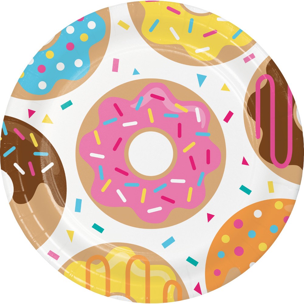 Round paper plate decorated with colorful cartoon donuts and sprinkles on a white background.