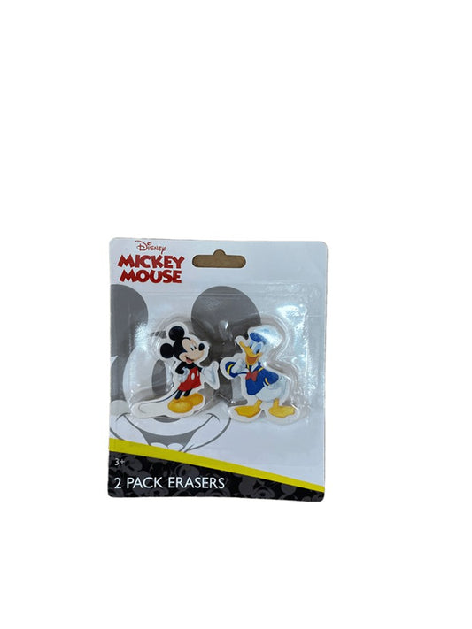 Two colorful erasers shaped like classic Mickey Mouse and Donald Duck characters in playful poses on a branded backing card.