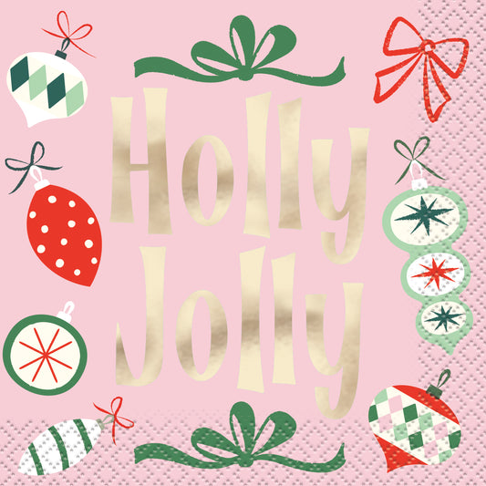 Pink Christmas napkin with gold foil "Holly Jolly" text and red, green, and white vintage ornament designs.