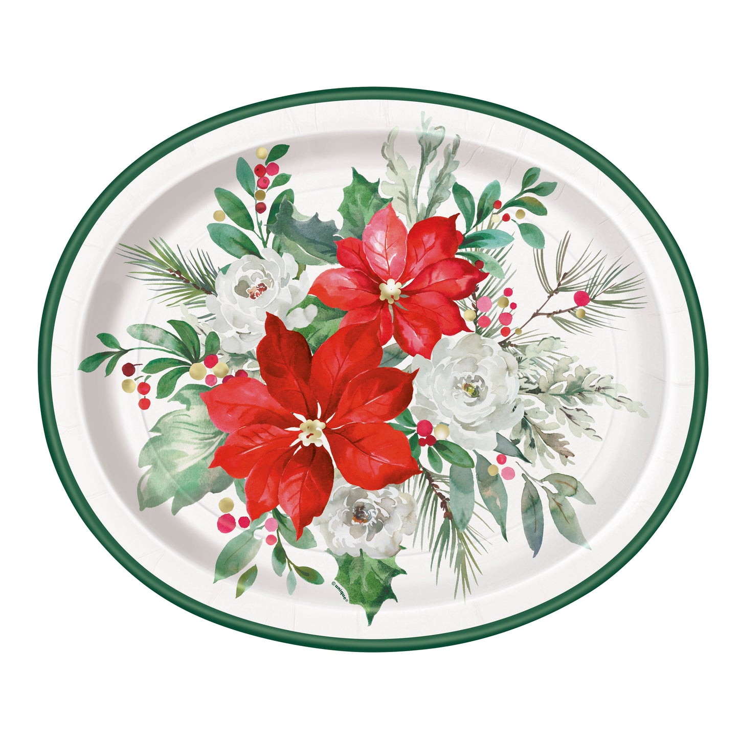 12-inch oval white plate with green rim featuring red poinsettias, white flowers, and green holiday foliage.