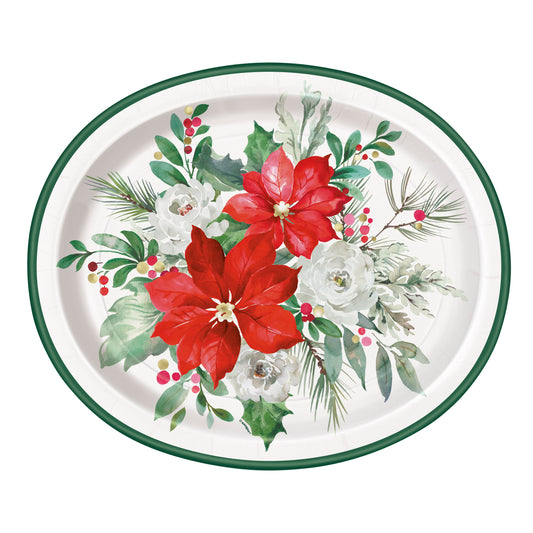 12-inch oval white plate with green rim featuring red poinsettias, white flowers, and green holiday foliage.