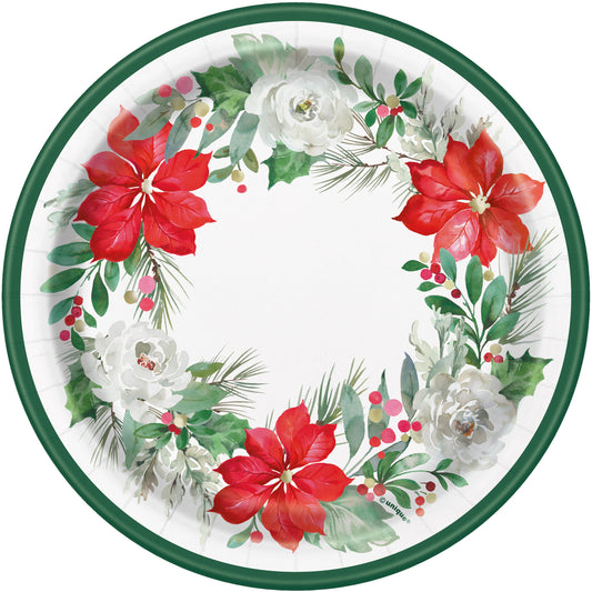 7-inch round paper plate with green rim and festive wreath of red poinsettias, white flowers, pine branches, and berries.