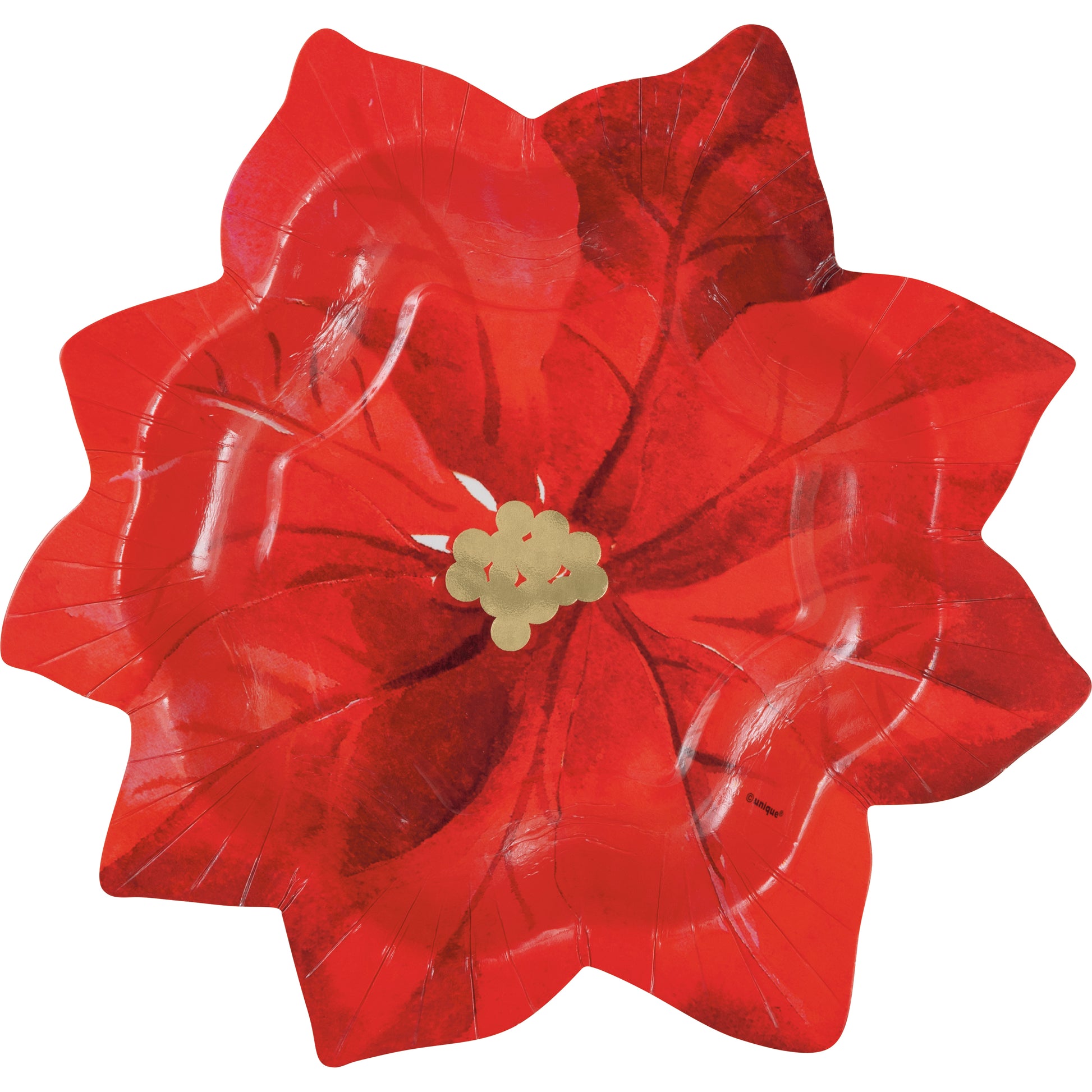 Red poinsettia-shaped paper plate with green and yellow center details, scalloped edges.