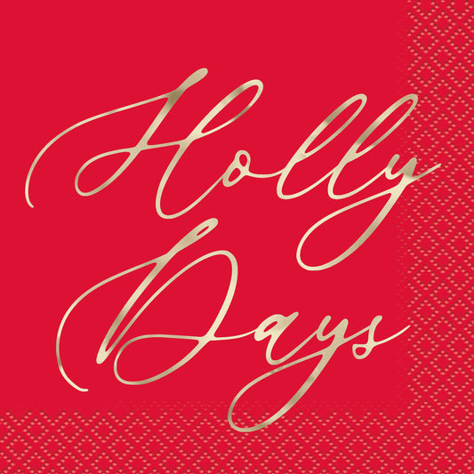 Red beverage napkin with gold script "Holly Days" and dotted border pattern.