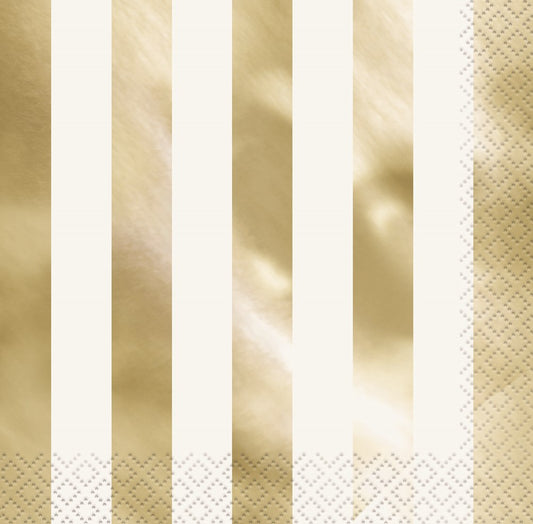 Large napkin with vertical gold stripes and a delicate gold crisscross border on white paper.