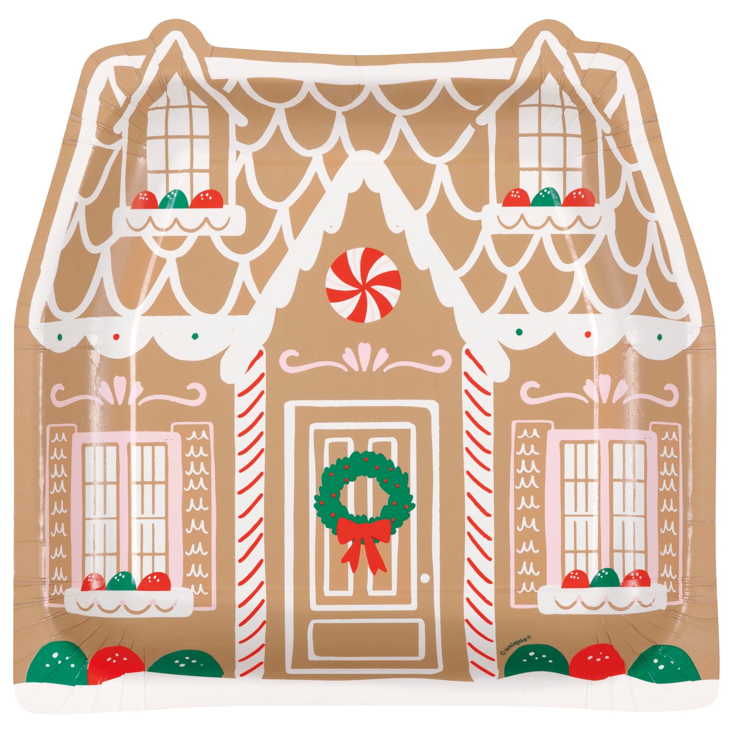 Set of eight 8.25-inch disposable plates shaped like gingerbread houses with white icing patterns, red and green candy.