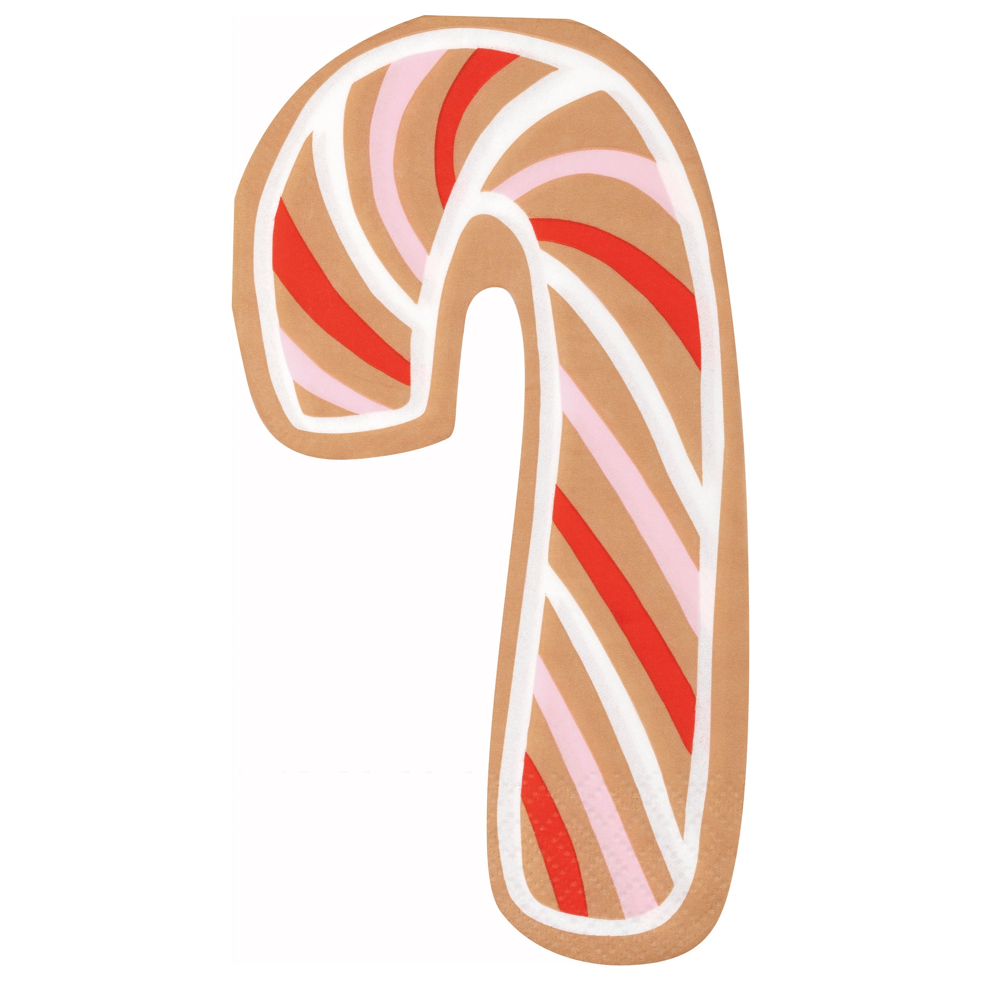 Candy cane shaped napkin with gingerbread brown background and red, white, and pink swirled stripes, festive Christmas.