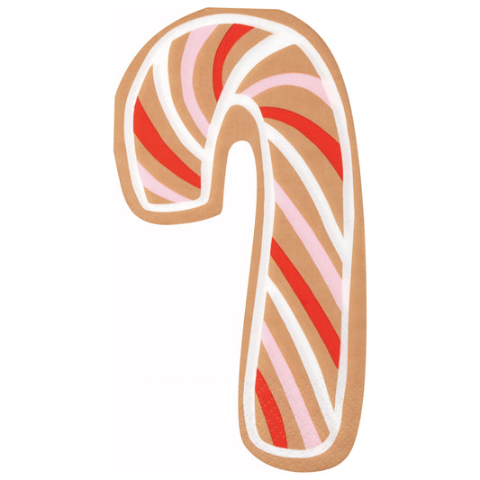 Candy cane shaped napkin with gingerbread brown background and red, white, and pink swirled stripes, festive Christmas.