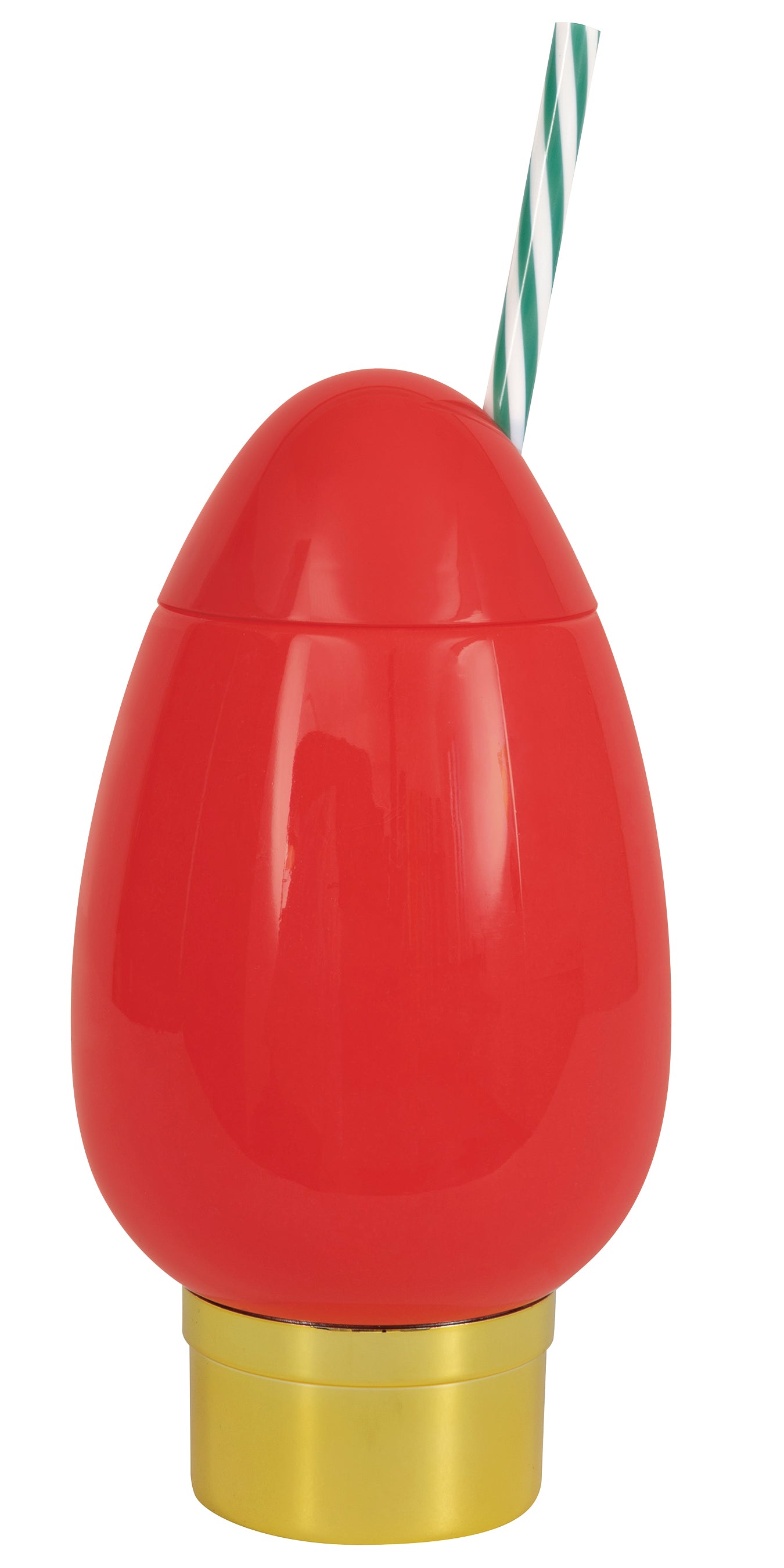 Red bulb-shaped plastic tumbler with gold screw-on base and green-and-white striped straw.