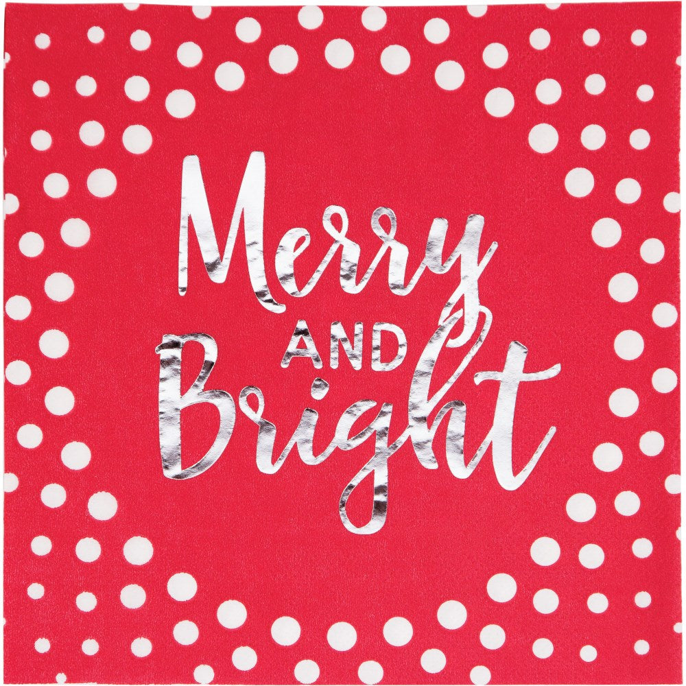 Red square paper napkin with white polka dots and silver foil "Merry and Bright" text.