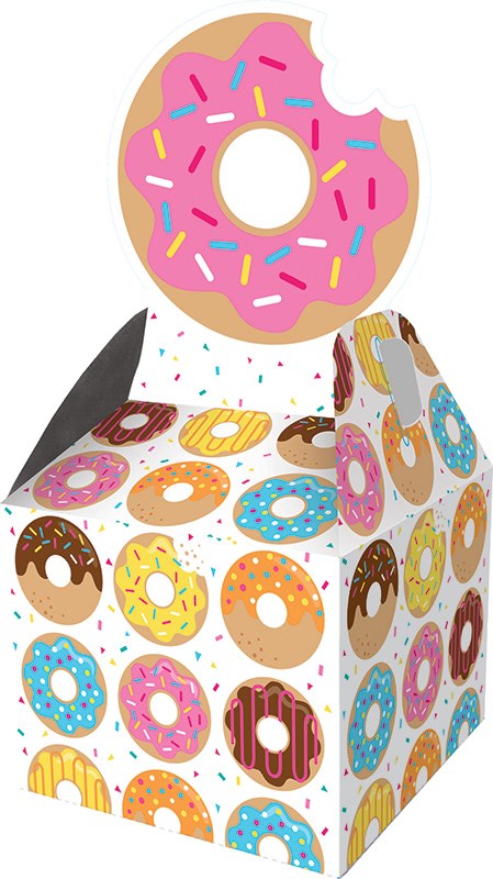 White cardboard favor box decorated with colorful sprinkled donuts and topped with a pink frosted donut-shaped handle with.