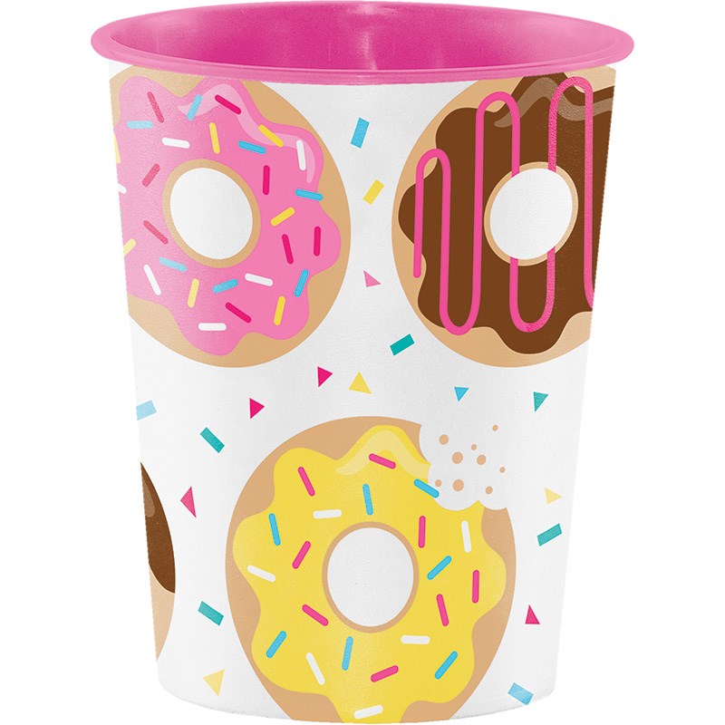 White 16oz plastic cup with pink rim featuring colorful sprinkled donut illustrations.