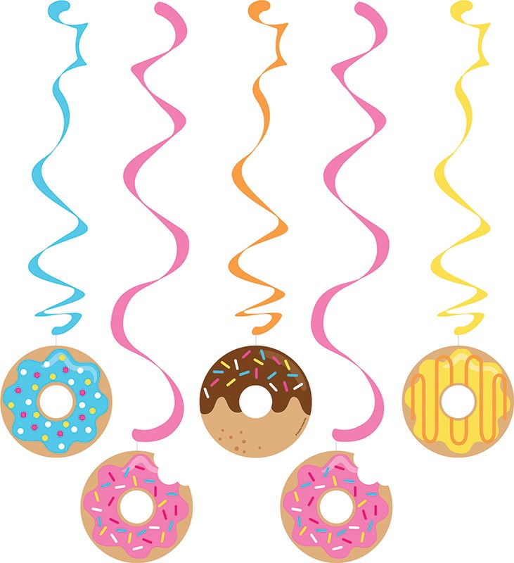 Five colorful spiral danglers with donut-shaped decorations featuring blue, pink, chocolate, and yellow icing with sprinkles.