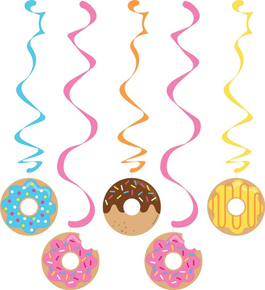 Five colorful spiral danglers with donut-shaped decorations featuring blue, pink, chocolate, and yellow icing with sprinkles.