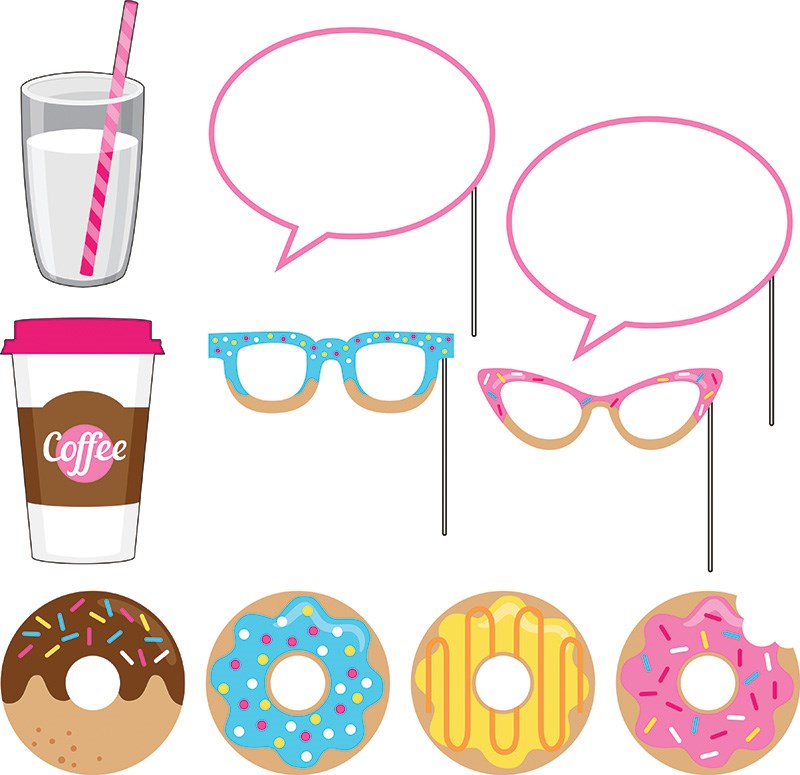 Set of 10 donut-themed photo booth props including coffee cup, speech bubbles, colorful glasses, and sprinkled donuts.