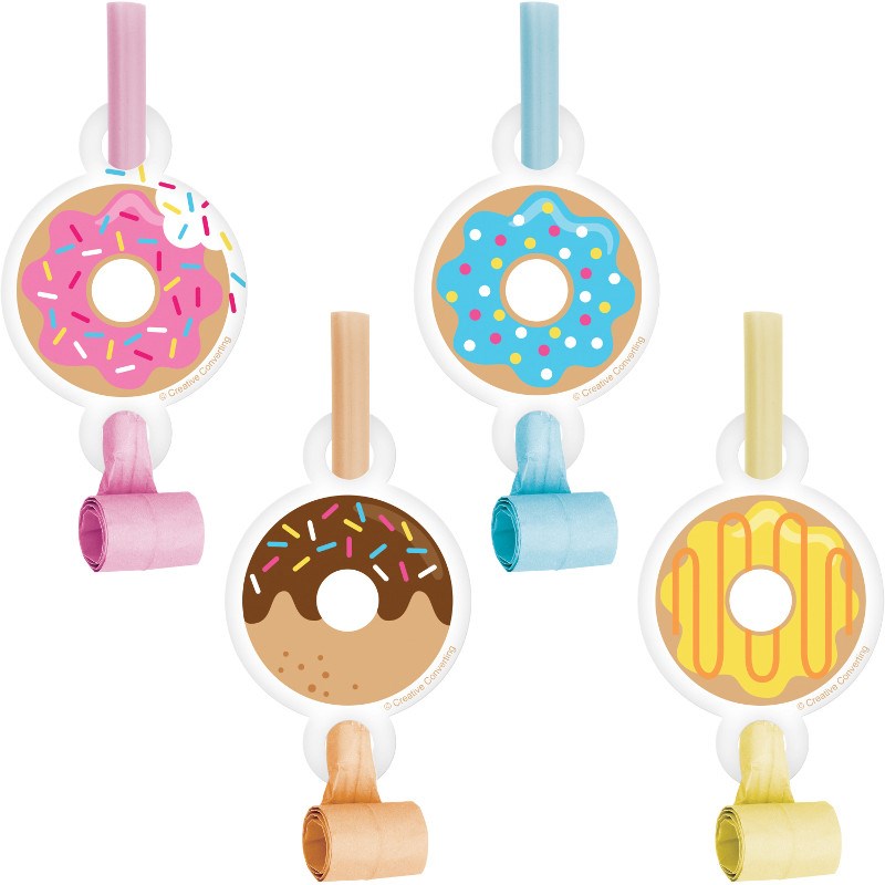 Set of four donut-themed party blowouts in pink, blue, brown, and yellow with matching curled paper tails.