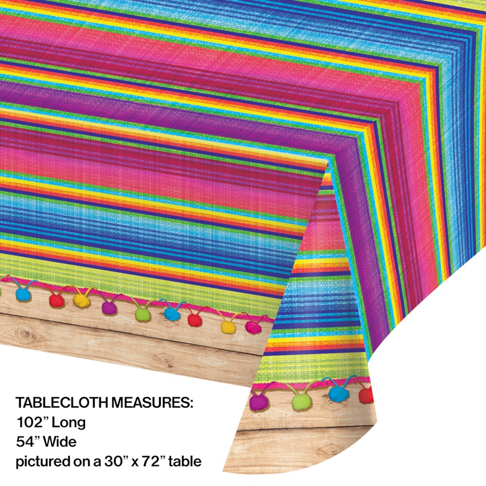 Rectangular plastic tablecover with vibrant serape stripes in pink, blue, green, yellow, and red, featuring a colorful.