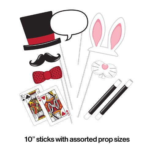 Set of 10 assorted magic-themed photo props including a black top hat, speech bubble, mustache, red bow tie, white rabbit.