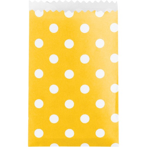 Small yellow paper treat bag with white polka dots and scalloped top edge.