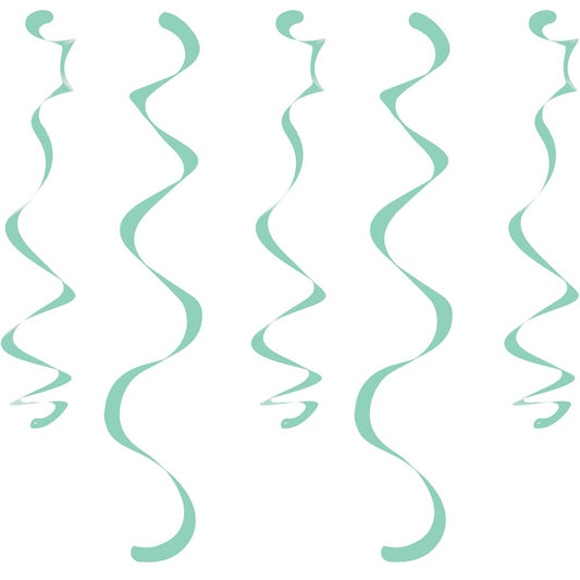Set of pastel mint green spiral hanging danglers, lightweight and decorative for parties.