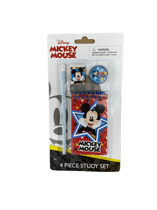 Four-piece Disney Mickey Mouse study set featuring a red and blue pencil case with Mickey graphic and matching stationery.