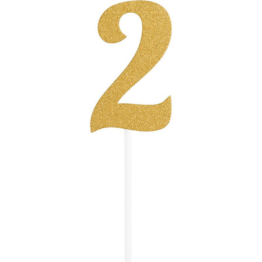 Gold glitter number 2 cake topper with white stick for decoration.