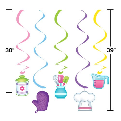 Set of five hanging swirl decorations in pink, blue, green, purple, and yellow, each with a kitchen-themed charm including a