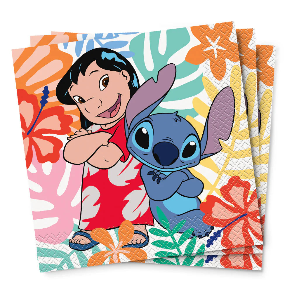 Colorful paper napkins featuring Lilo in a red dress and Stitch with tropical floral patterns.