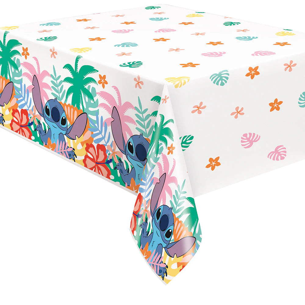 White plastic tablecover featuring colorful Lilo and Stitch characters with tropical flowers and palm trees along edges.