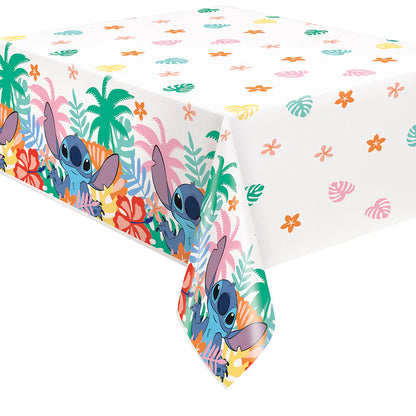 White plastic tablecover featuring colorful Lilo and Stitch characters with tropical flowers and palm trees along edges.