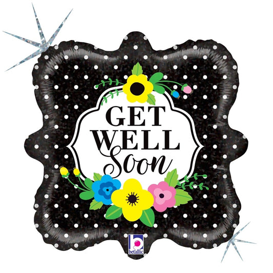 Black scalloped-edge holographic balloon with white polka dots, colorful floral accents, and "Get Well Soon" text in the.