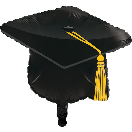 Black metallic foil balloon shaped like a 22-inch graduation mortarboard with a yellow tassel.