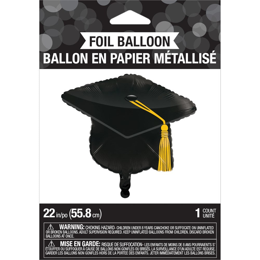 Black metallic foil balloon shaped like a mortarboard graduation cap with a yellow tassel, 22 inches tall.