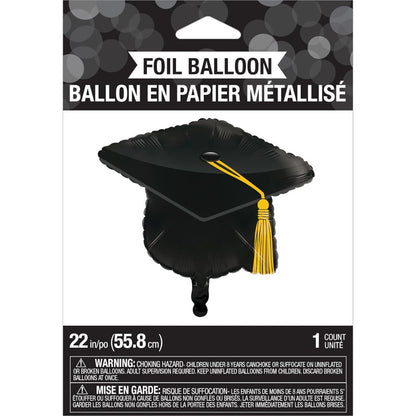 Black metallic foil balloon shaped like a mortarboard graduation cap with a yellow tassel, 22 inches tall.