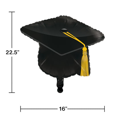 Metallic black graduation cap balloon with yellow tassel, 22 inches wide and 16 inches tall.